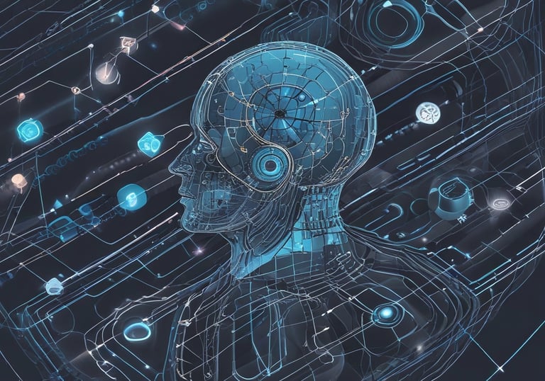 A high-tech server with multiple metal storage units connected through cables on a glossy blue surface, giving a futuristic impression.