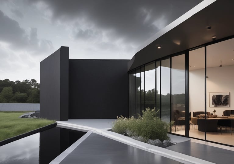 Close-up of a building facade covered with polished South African black granite panels.