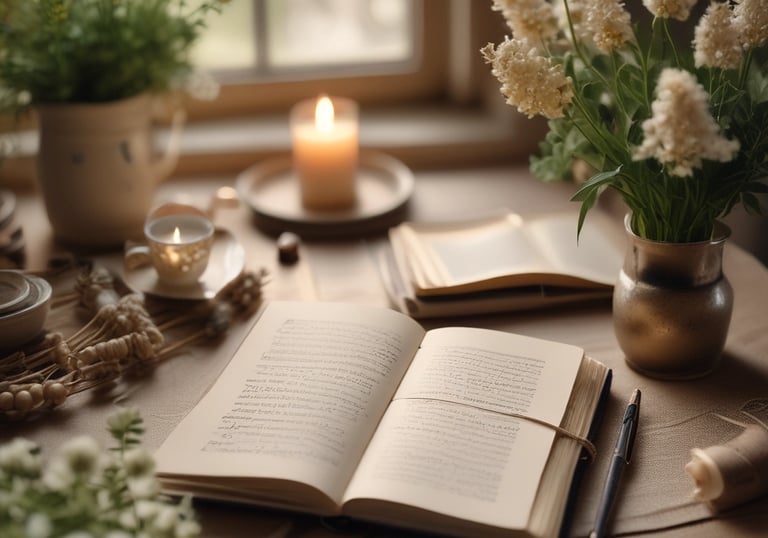 A cozy scene featuring a journal, pastel colors, and art supplies.