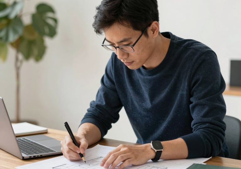 A professional reviewing blueprints on a residential property site.