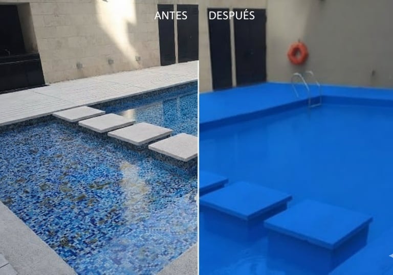 Comparativa antes y después de reparación de pileta de hormigón