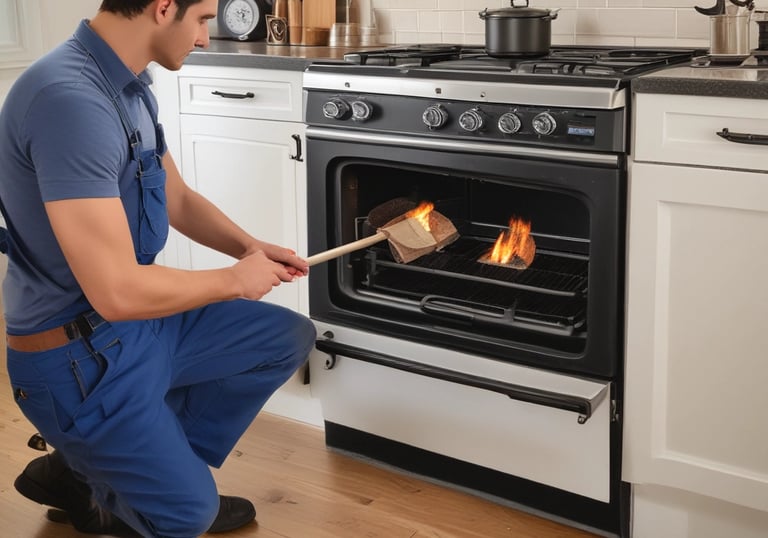 A technician repairing a gas stove at a customer's home.