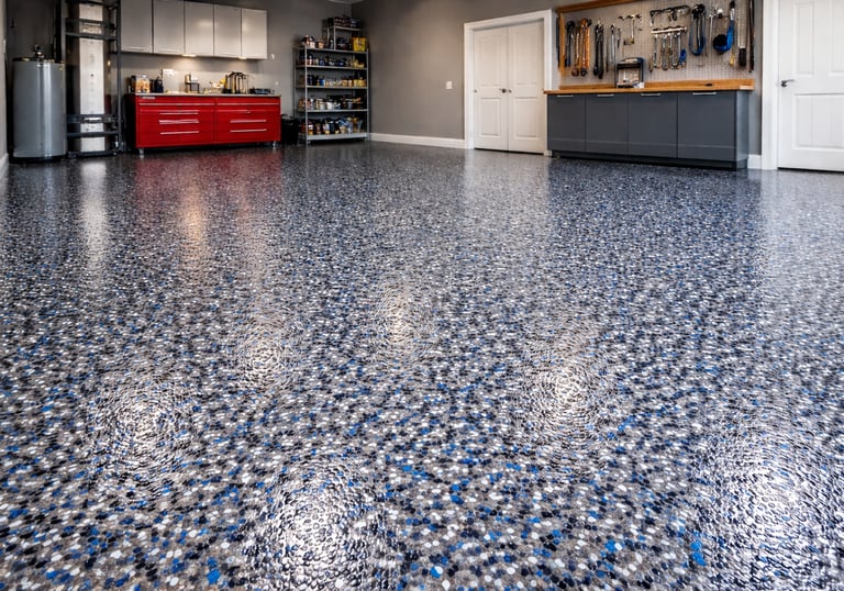 Epoxy garage floor with blue, white, and black flakes