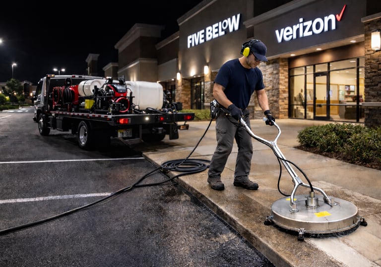 Professional commercial pressure washing technician cleaning a shopping center sidewalk.
