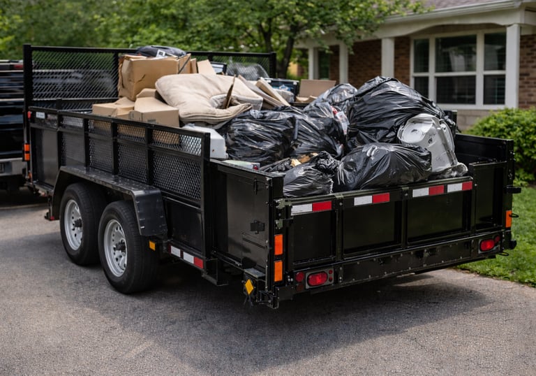 A black utility trailer filled with trash bags and boxes for residential junk removal and hauling.