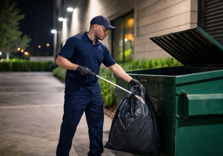 Professional waste management worker in uniform tossing a black trash bag into a green dumpster at night.