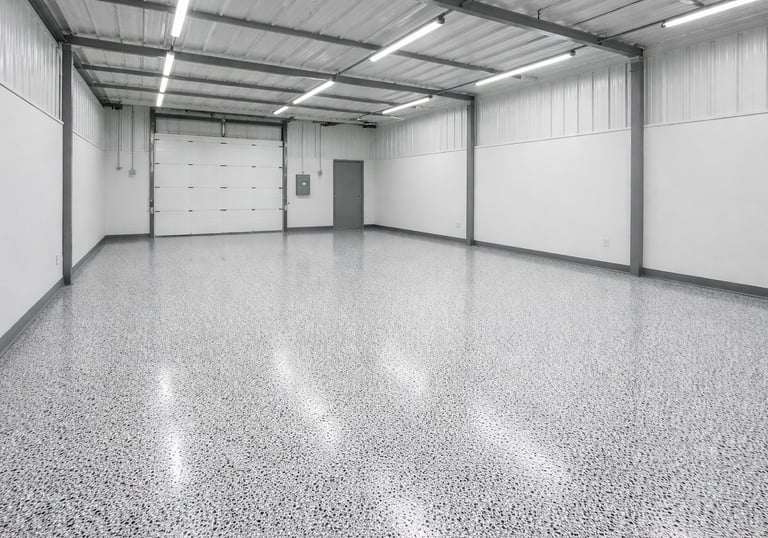 Epoxy floor in warehouse with white and black flake