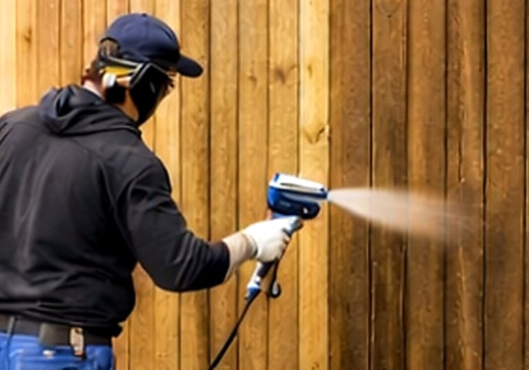 Professional contractor using a power paint sprayer to apply stain to a wooden garden fence.