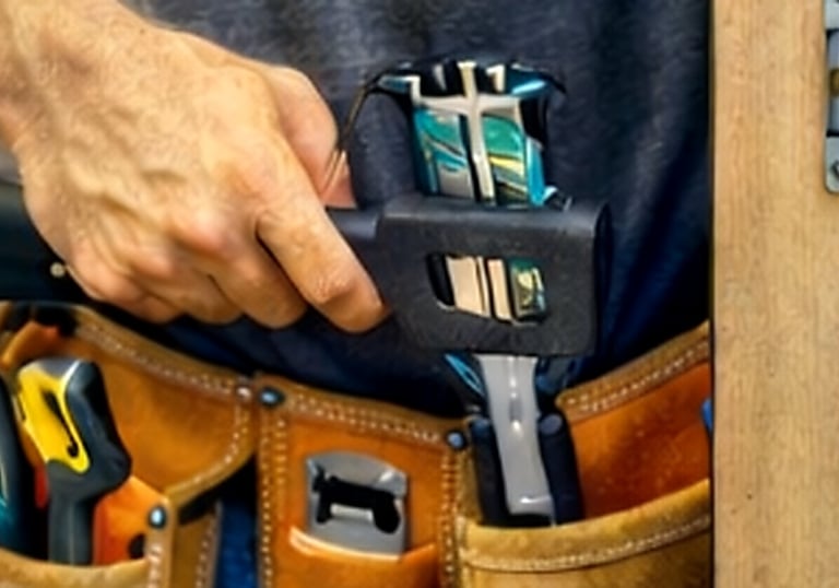 A carpenter reaching for a hand tool from a leather construction tool belt during home repairs.