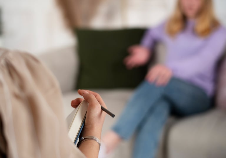 a woman sitting on a couch with a pen in her hand