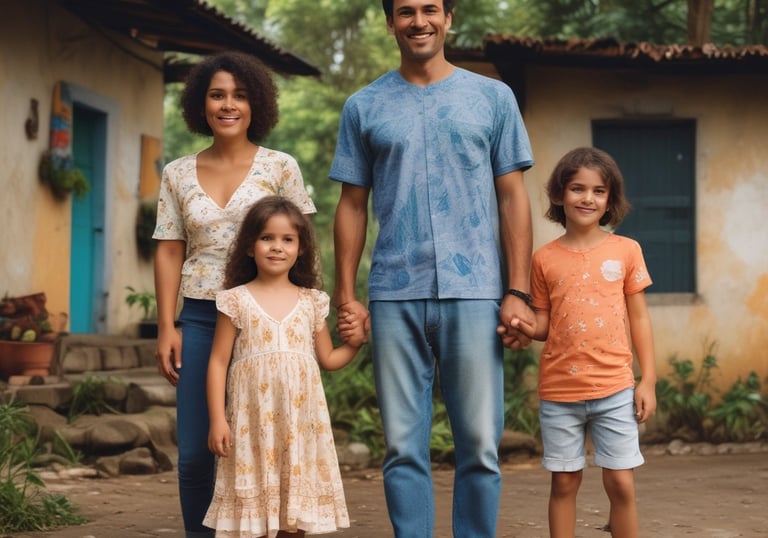 A family stands together outdoors with palm trees and buildings visible in the background. The group consists of two adults and three children, with the mother on the left and the father on the right. They are casually dressed and appear to be in a park or promenade setting.