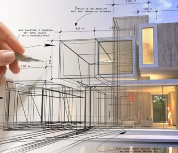 Plano arquitectónico digital superpuesto sobre imagen real de vivienda moderna, representando diseño