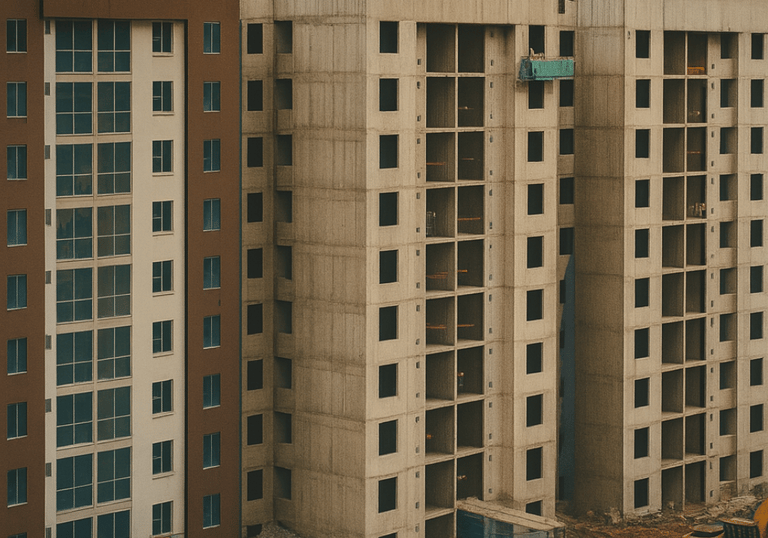 Edificio en etapa avanzada de construcción con múltiples pisos, representando proyectos de desarroll
