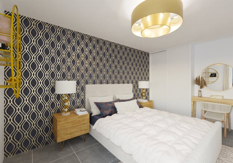 a bedroom with a bed and a desk with a lamp