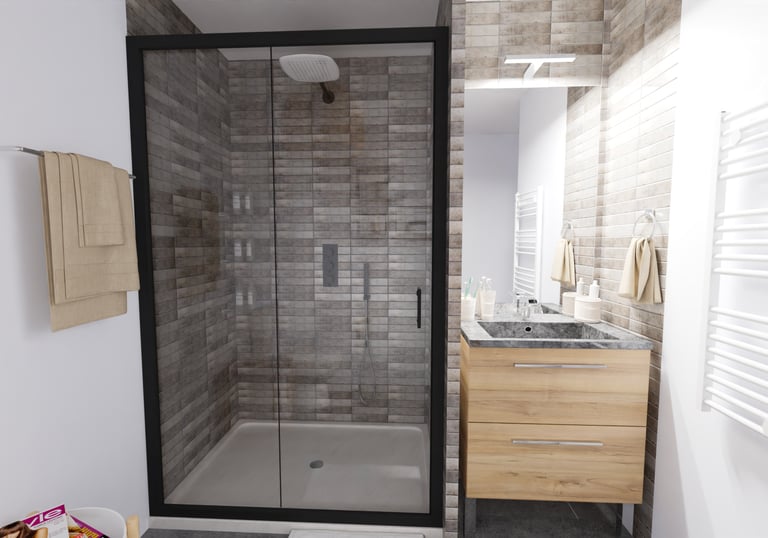 a bathroom with a shower and a sink