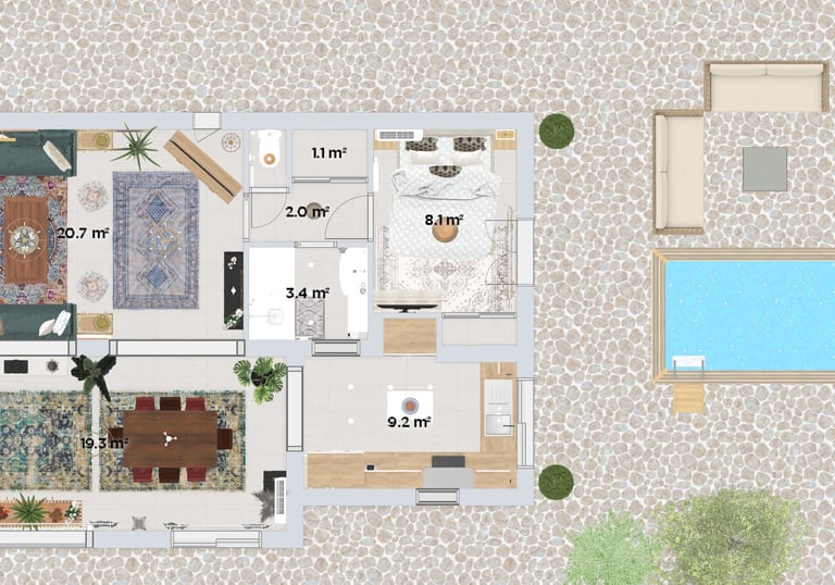 a floor plan of a house with a pool and a swimming pool