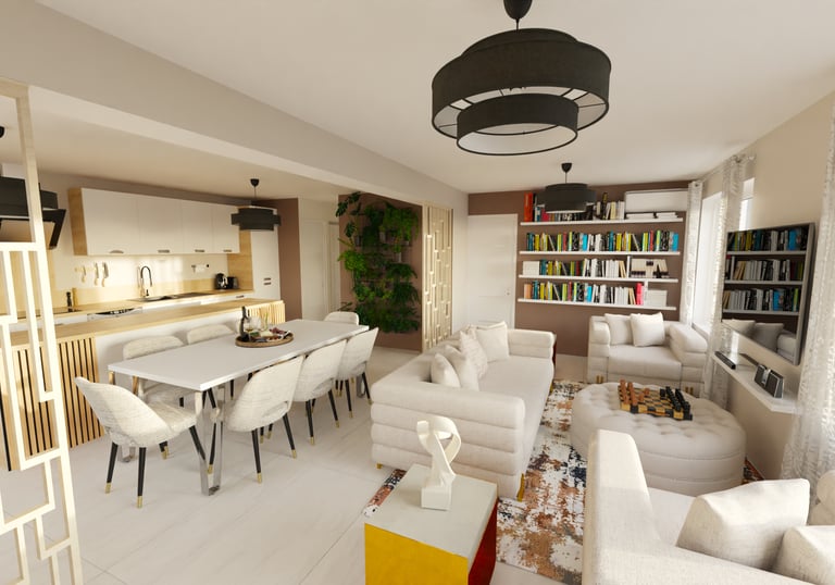 a living room with a table and chairs