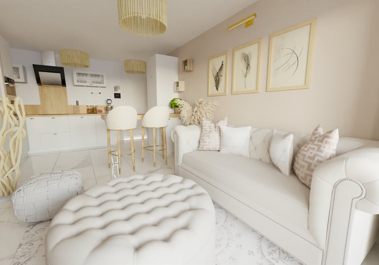 a living room with a couch and a ottoman