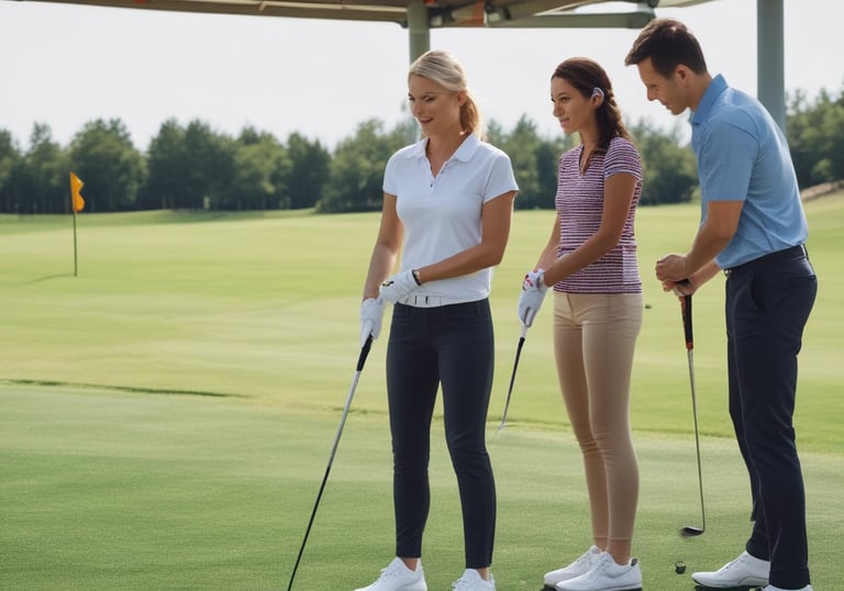 Zwei Golfspielerinnen mit einem Mann