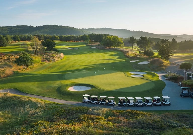 Luftaufnahme eines Golflochs in der Nähe des Clubhauses