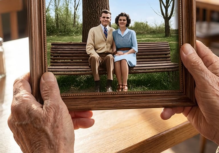 Elderly hands holding a framed vintage photo of a young couple sitting on a park bench.