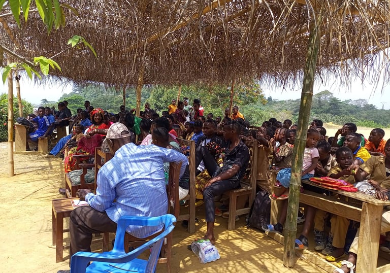 a group of people sitting at tables in a field