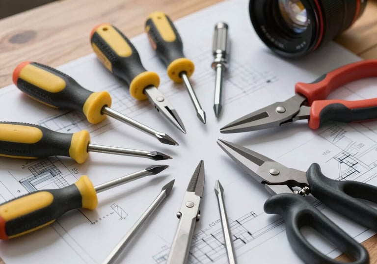 A set of professional hand tools, including various screwdrivers and heavy-duty shears, resting on blueprints on a wooden desk. Crisp lighting, modern industrial style.