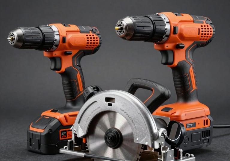 Modern electrical power tools such as drills and circular saws, displayed professionally against a clean, robust background. High contrast lighting highlighting the metallic and vibrant orange details.