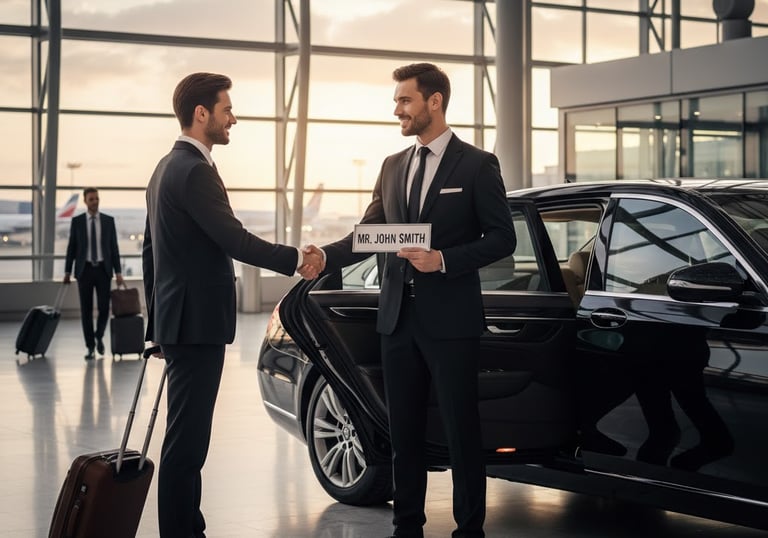 “Chauffeur greeting passenger at O’Hare airport with luxury Chicago black car service.”
