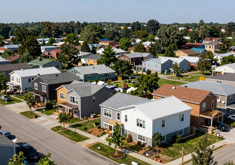 A sustainable, resilient community development project in a North American / US neighborhood, showcasing green architecture and professional design.
