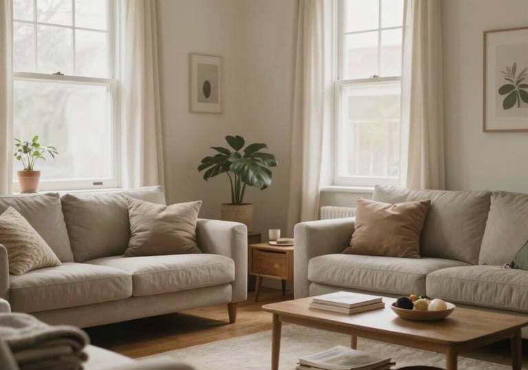 A serene living room with soft cream and sage accents, gently tidied and inviting.