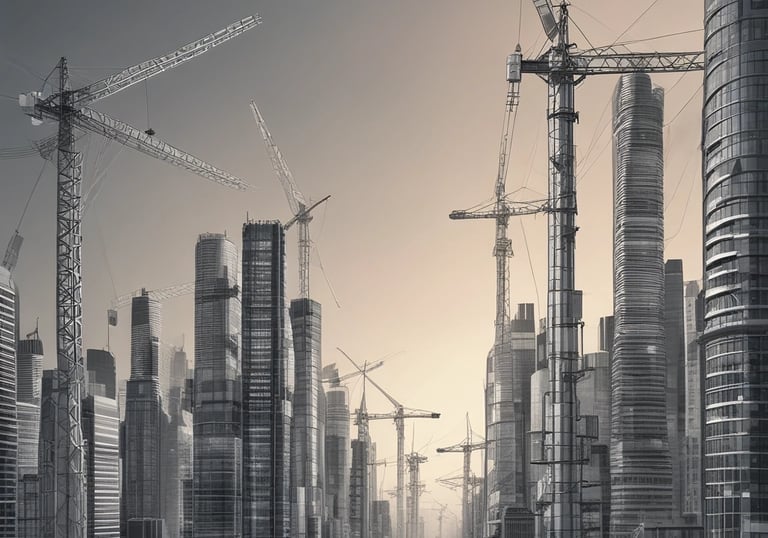 Solar panels and electrical grid infrastructure under blue sky.