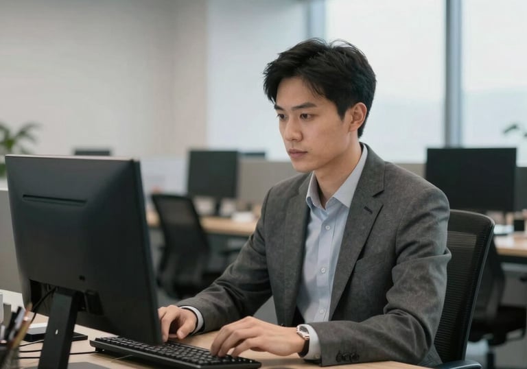 A high-end, contemporary office environment in North America where a professional sits at a desk, convey a sense of reliability and modern service.