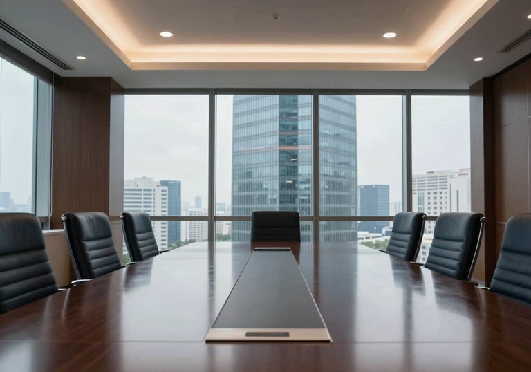 A sleek corporate meeting room in a South Asian / Indian skyscraper, with a polished table reflecting the soft overhead lighting and the dark navy brand colors.