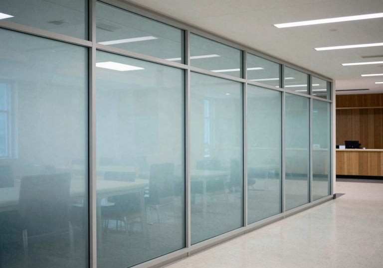 A digital-first university setting with a clean, modern aesthetic, featuring glass partitions and light blue lighting, North American / International campus style.