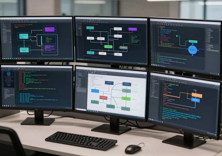 A high-tech North American office workstation featuring multiple monitors with sophisticated workflow diagrams and code, illustrating high-level technical integration.