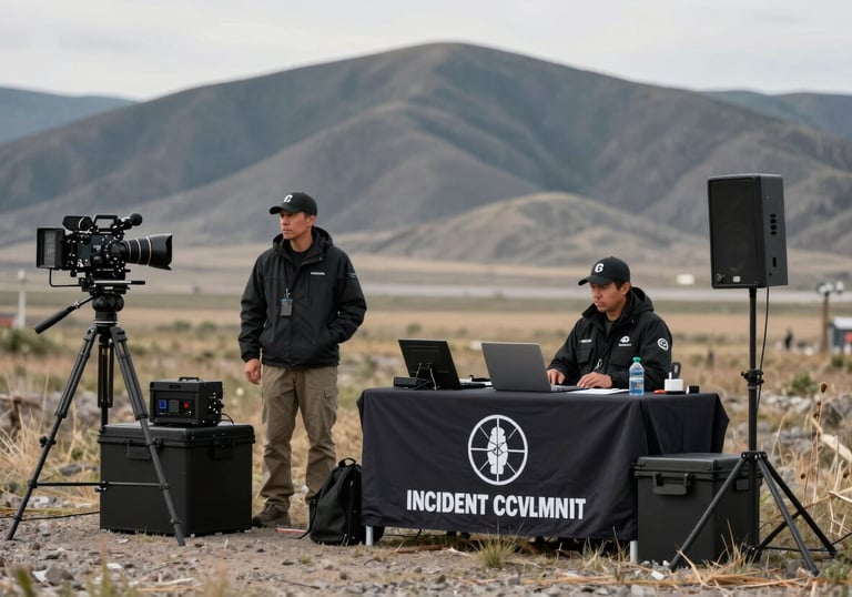 A scene depicting an Incident Command post in a rural North American Indigenous setting, with professional equipment and communication tools set against a background of Slate Gray hills.