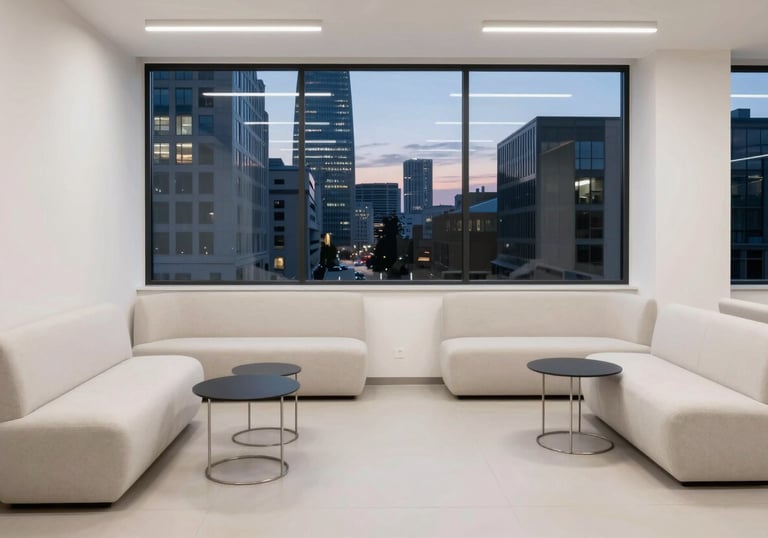 A minimalist tech lounge with a clean design, off-white furniture, and a large window showing a modern Eastern European / Tech city at dusk.