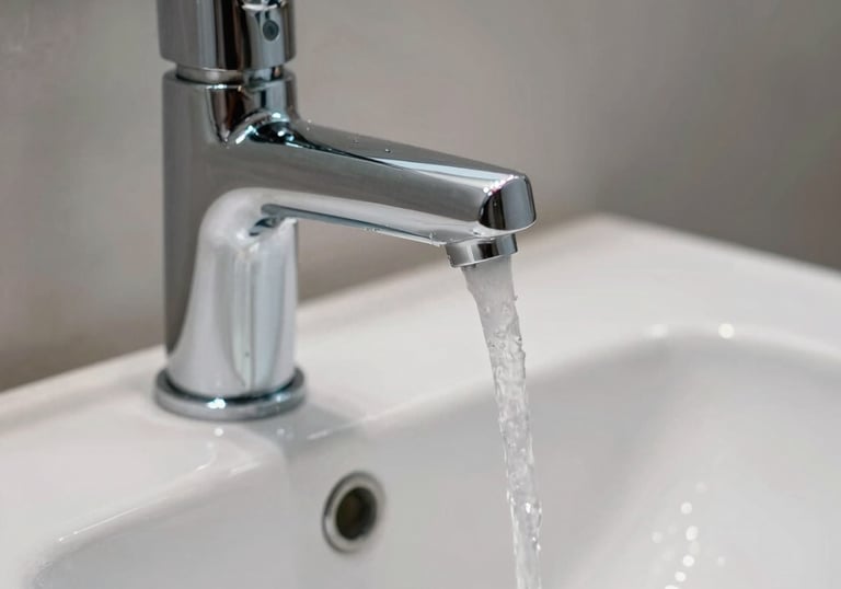 A close-up of a modern, shiny chrome bathroom faucet with water flowing perfectly. The sink is white porcelain and spotless, reflecting a professional and clean plumbing job. Western European / French style.