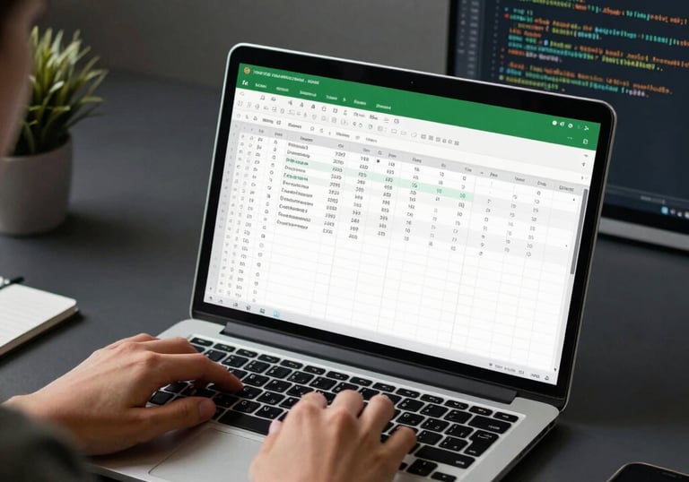 A developer using a laptop to manage data in an Excel spreadsheet alongside a coding monitor.