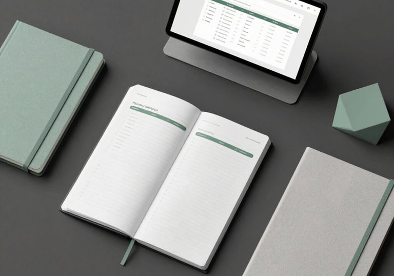 A digital tablet and open notebook organizer on a desk, showcasing productivity planning tools.
