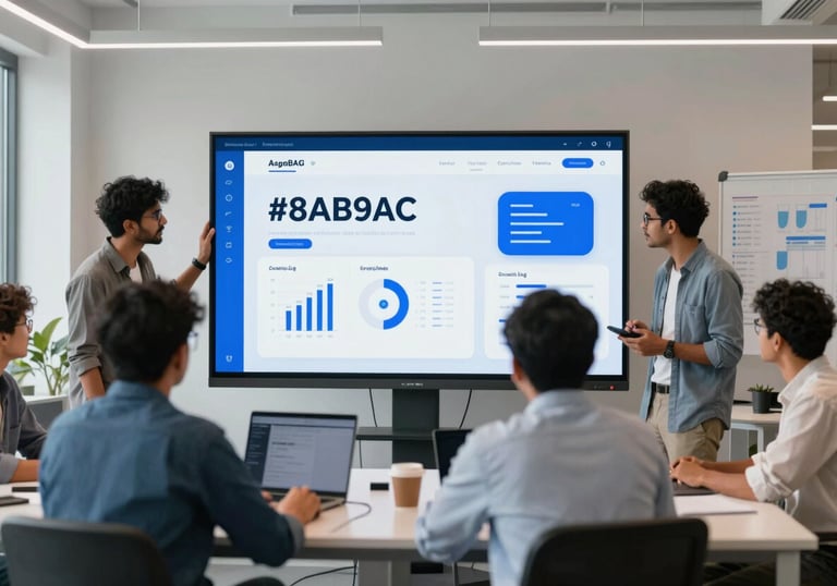 A stylish, brightly lit creative studio in India where a diverse team of professionals are collaborating around a large screen showing AI analytics. Highlights of #8AB9A6 throughout the room.