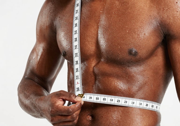 pessoa negra com corpo sarado suado com fita reduzindo medidas