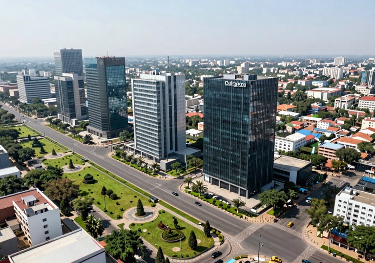 A high-angle view of a well-planned commercial district in Gurgaon, showing modern roads and landscaped green areas surrounding professional office towers under a bright midday sun.