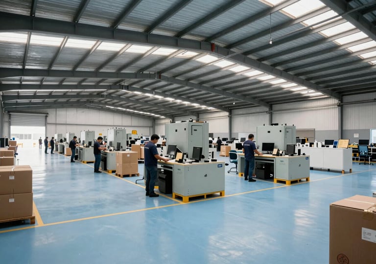 A modern warehouse interior in Mexico, organized and clean with light blue flooring and high ceilings, professional logistics equipment and staff working efficiently.