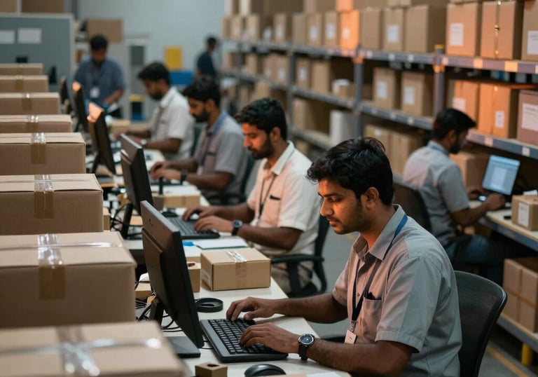 An organized, high-tech logistics fulfillment center in India, where professional staff manage e-commerce orders with warm orange and muted blue ambient lighting.