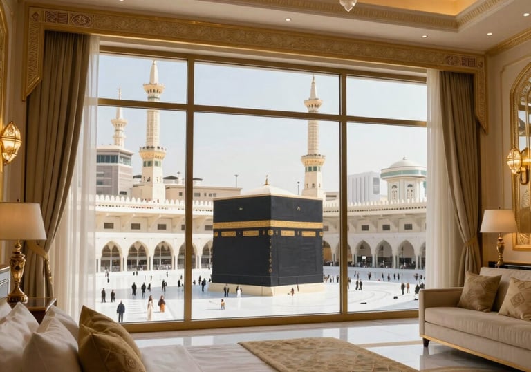 Interior view of a luxury hotel suite in Makkah. Large windows reveal the Masjid al-Haram. The room is decorated in an elegant Middle Eastern / Gulf style with gold and cream accents. Bright, airy daylight.