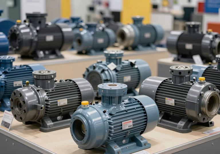 A photograph showing a variety of industrial centrifugal and submersible pumps organized in a professional showroom, International / Professional.
