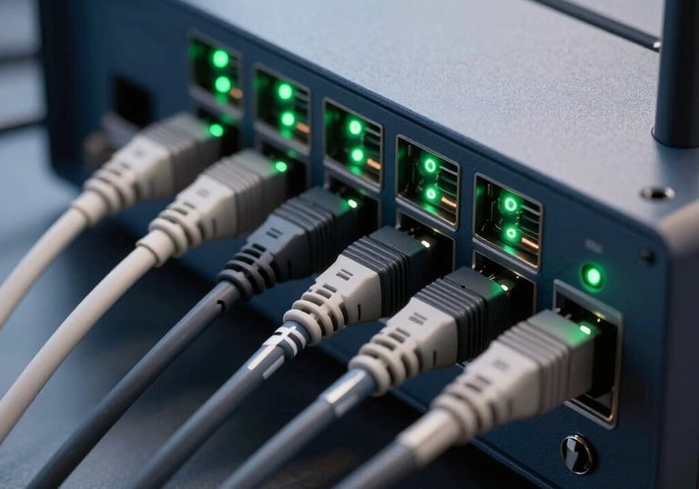 A close-up photograph of professional networking equipment and routers with blinking green status lights, clean and organized cable management, tech-focused aesthetic with dark blue and white tones.