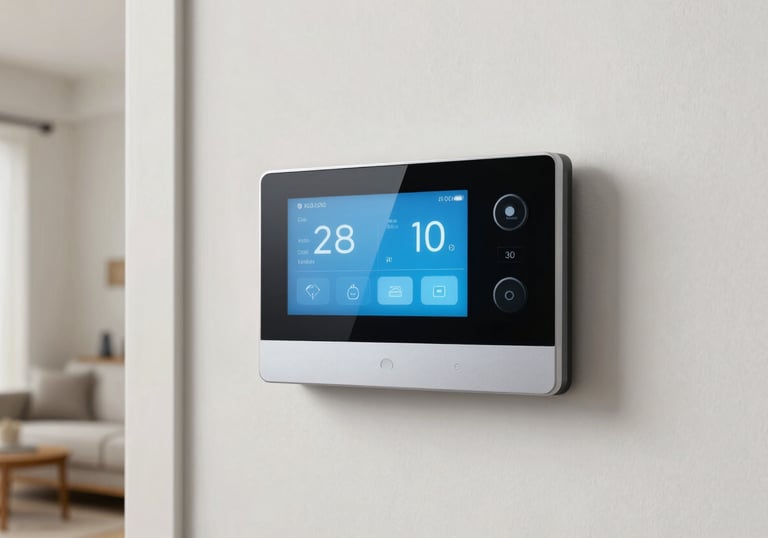 A high-quality energy-efficient smart home control panel installed on a crisp off-white wall in a modern North American / US interior.